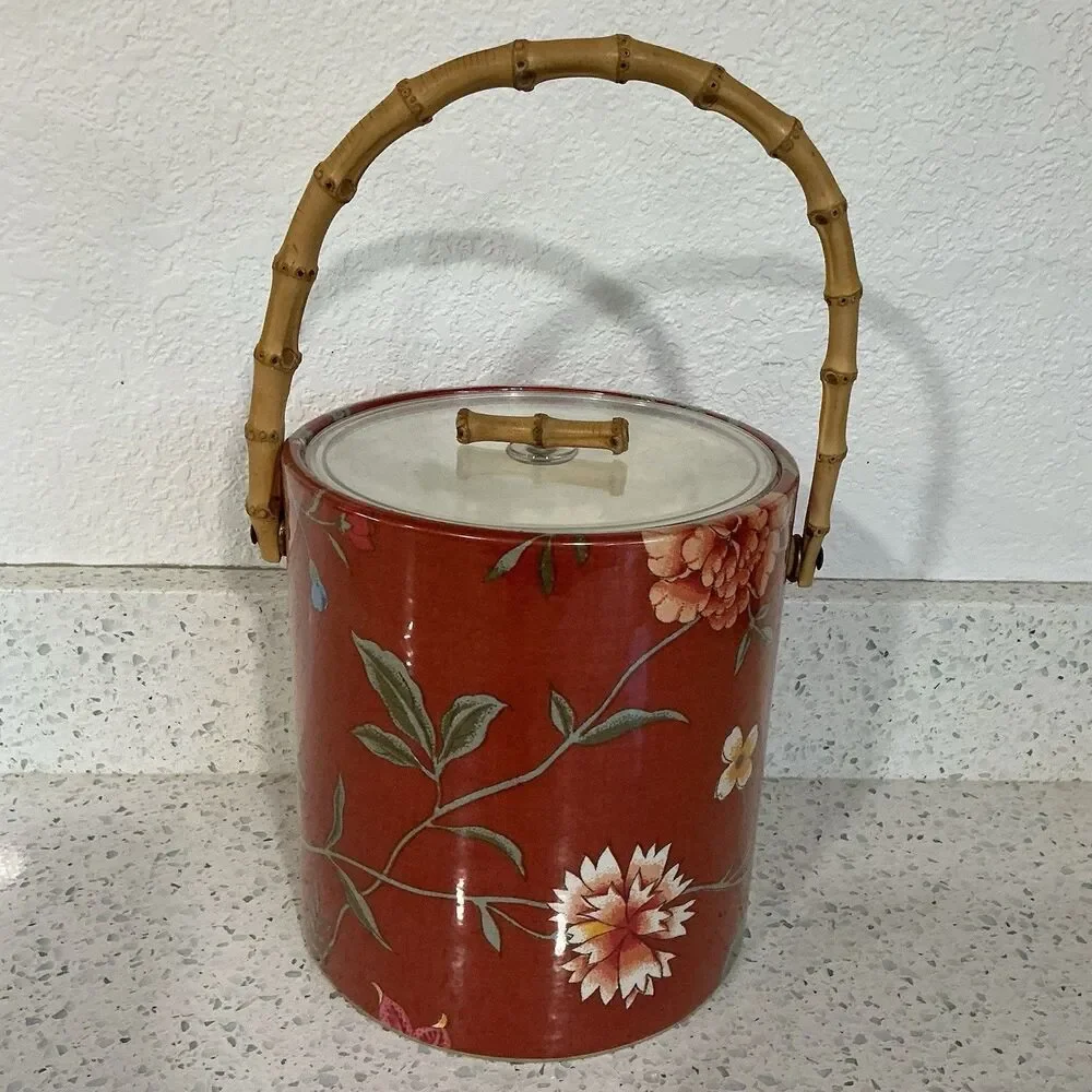 Vintage Vinyl Floral Asian Inspired Ice Bucket Retro MCM Regency Red Bamboo